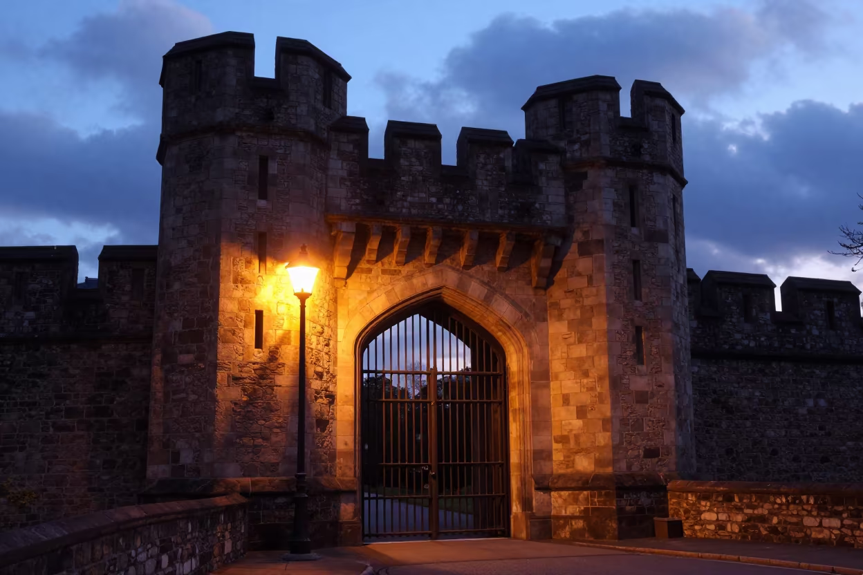 Medieval Castle Gate in Cleveland Twilight in inside a skylit passageway in Cleveland