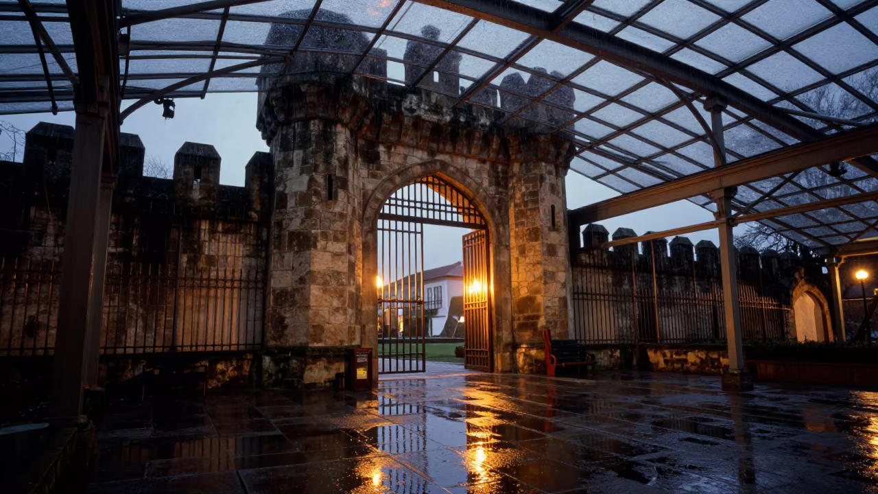 Medieval Castle Gate Firelight Maputo Arcade Night in inside a glass-roofed arcade near Maputo