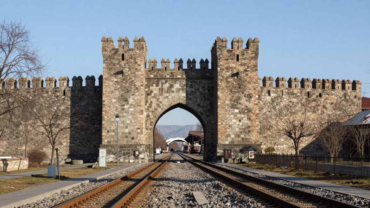 Medieval Castle Gate in Winter Train Terminal in inside a restored train terminal near Kutaisi