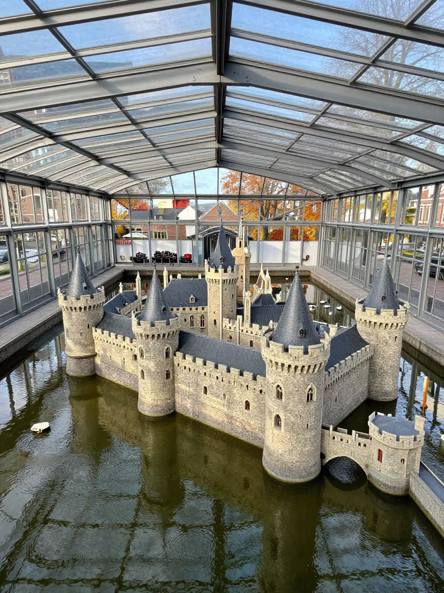 Medieval Castle Moat Glass Arcade Reflection in inside a glass-roofed arcade in The Hague