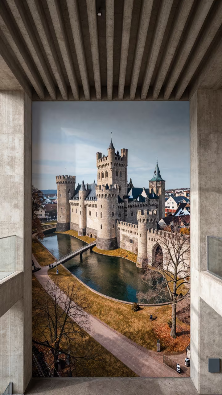 Medieval Castle Moat View in Concrete Lobby in inside a ribbed concrete lobby in Cologne