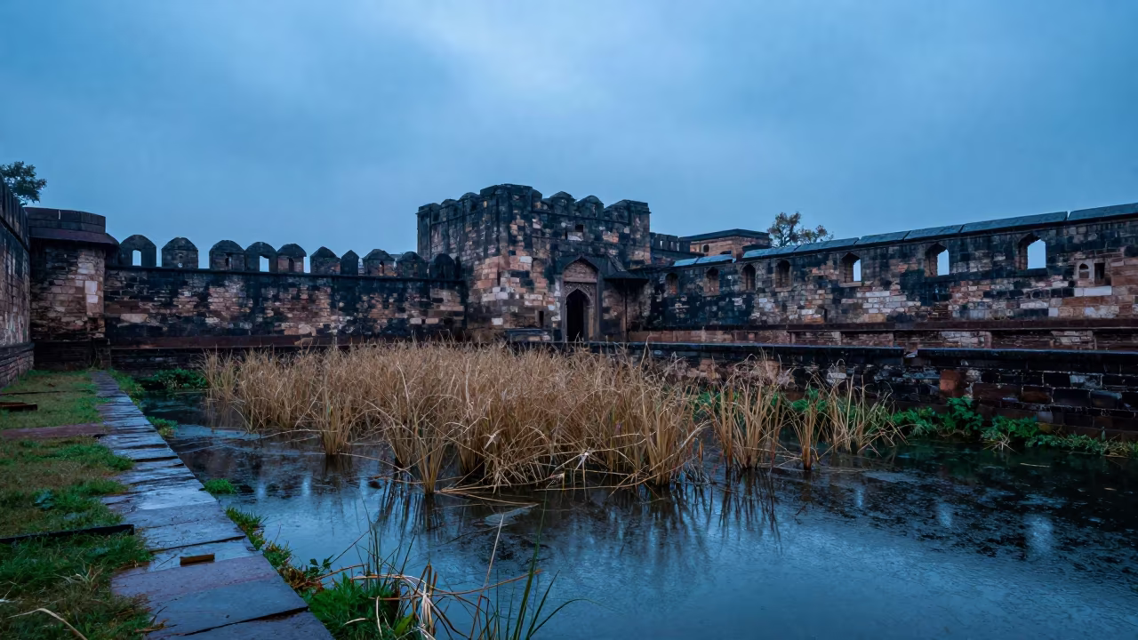 Medieval Castle Ruin Reflected in Rainy Moat in through a courtyard reclaimed by grasses near Lahore