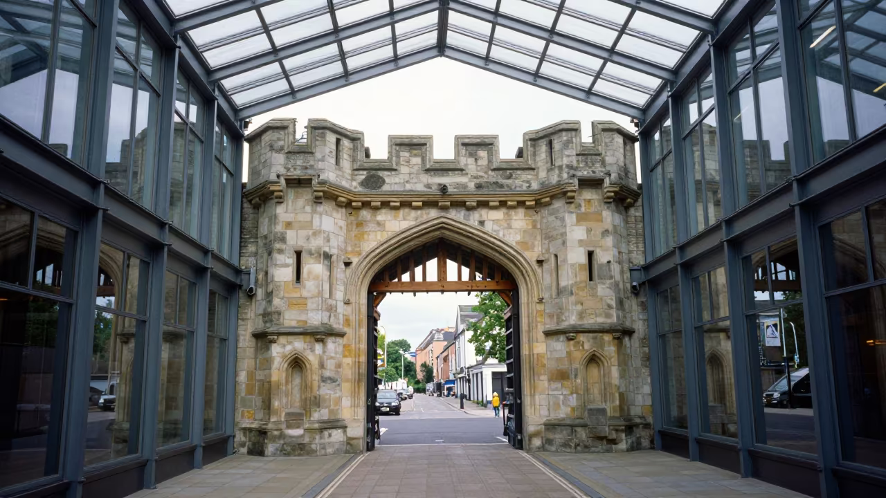 Medieval Gate Inside Birmingham Glass Arcade in inside a glass-roofed arcade in Birmingham