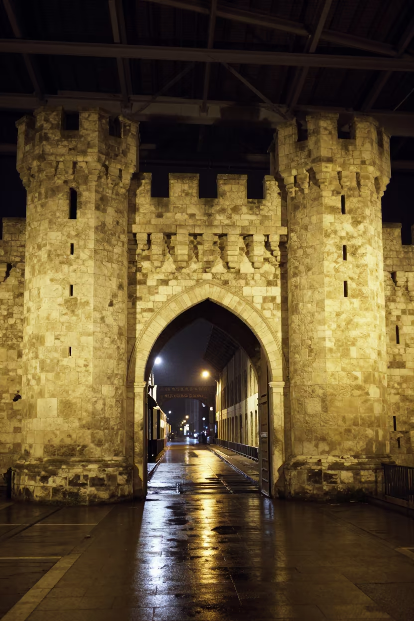 Medieval Gate in Restored Rome Terminal at Midnight in inside a restored train terminal in Rome