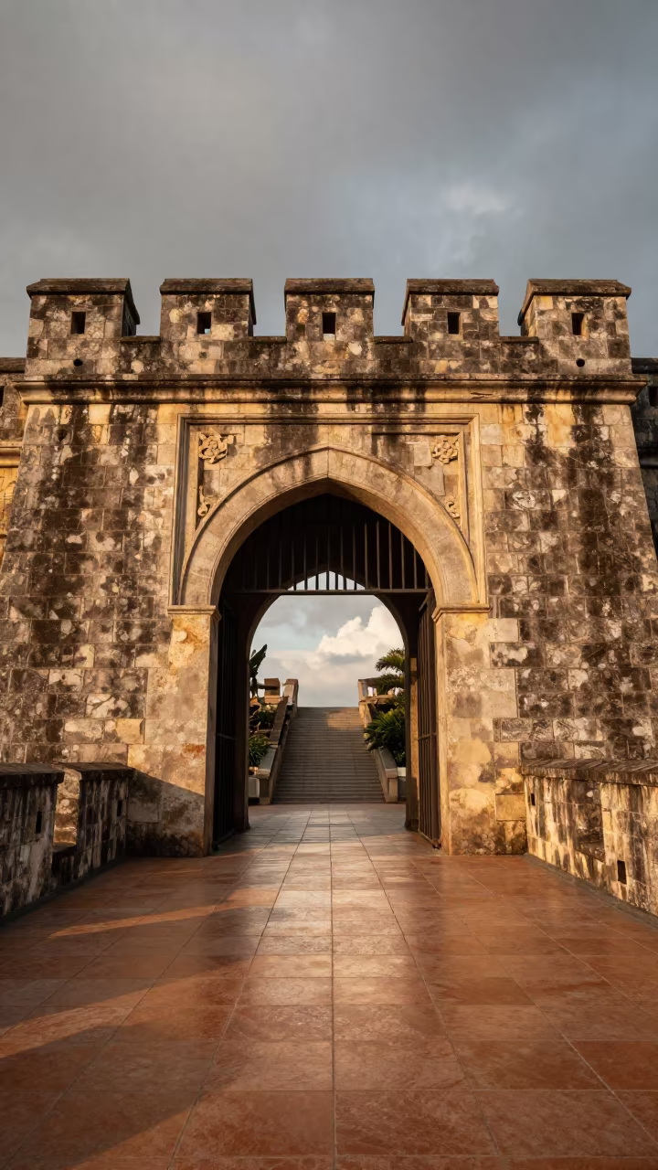 Medieval Gate Stair Hall Amber Light in inside a tiled stair hall in Da Nang