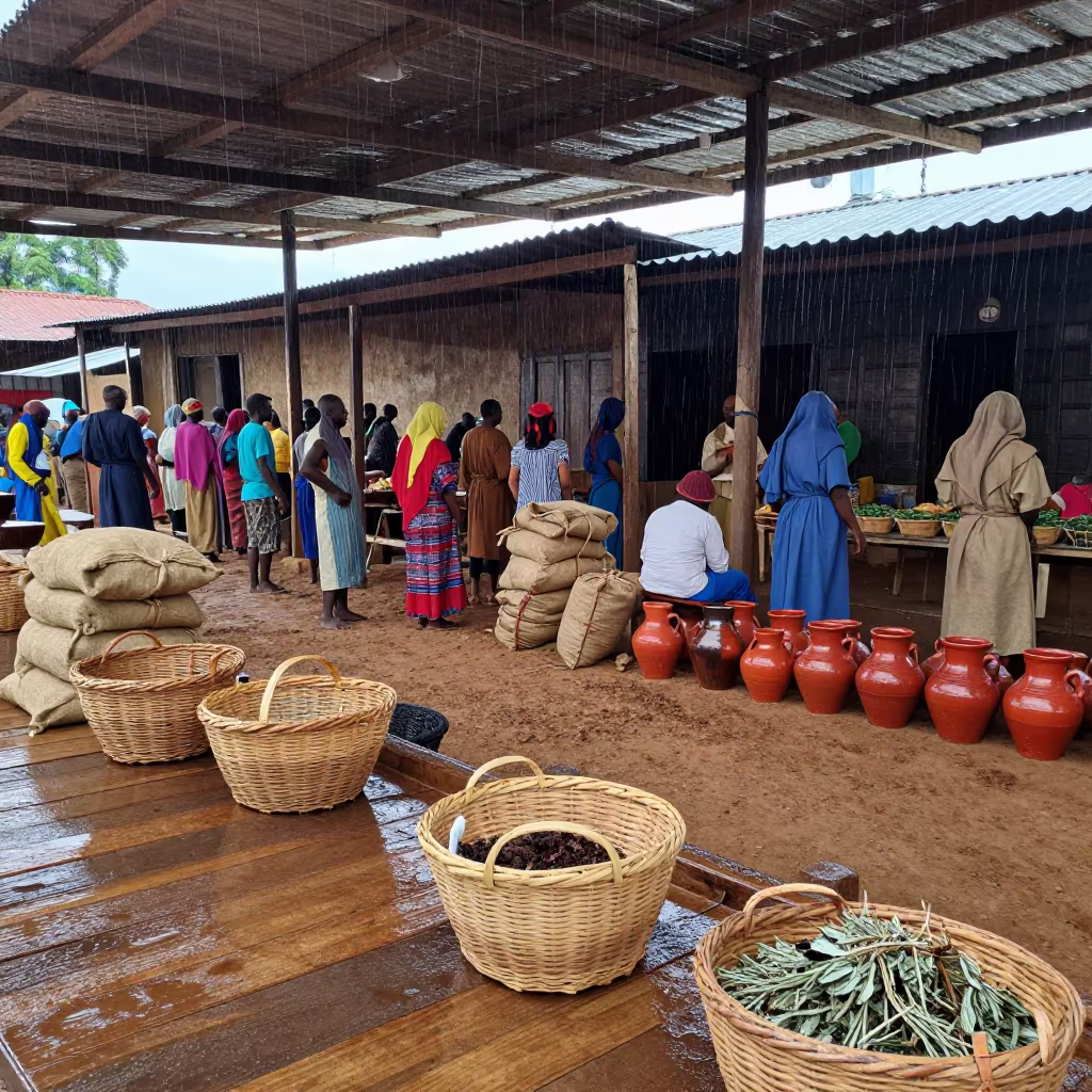 Medieval Merchant House Under Market Canopy in Huambo in under a market canopy in Huambo