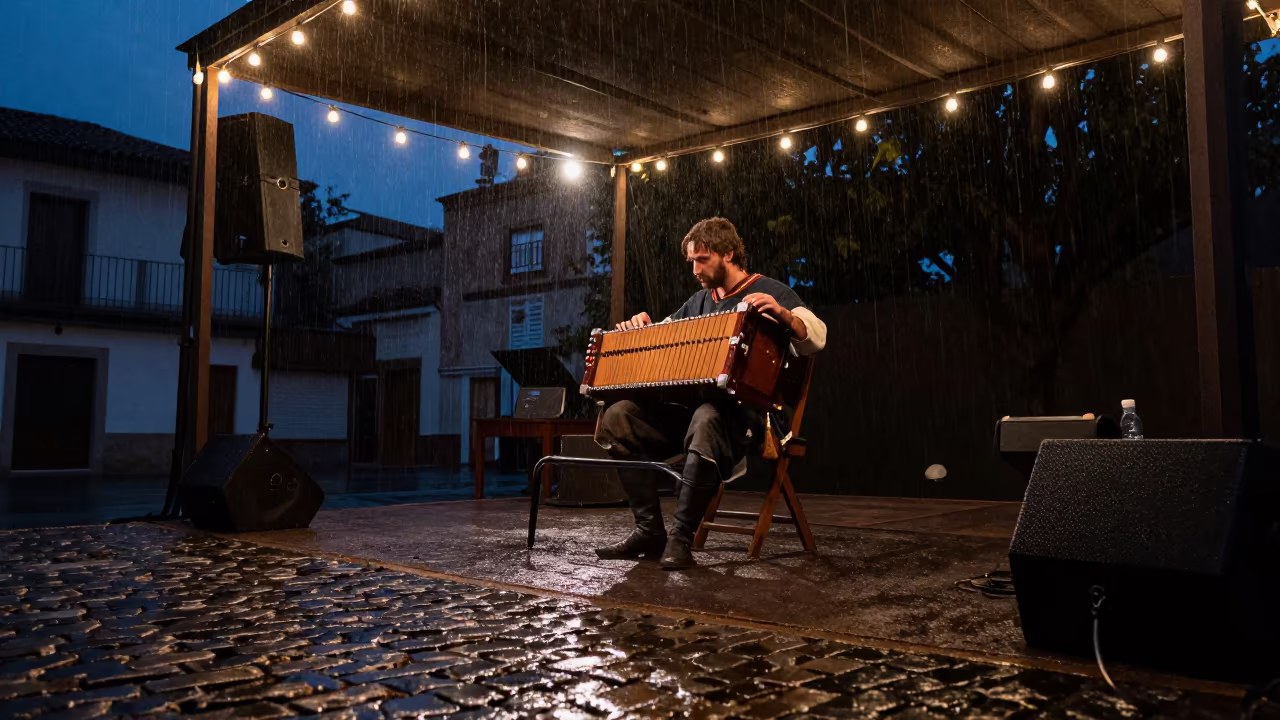 Medieval Musician Playing Hurdy-Gurdy at Dawn in on a dimly lit stage in Leganés
