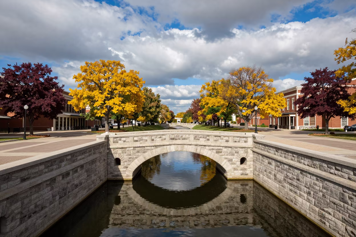 Medieval Stone Bridge Over Illinois Plaza in across a formal civic plaza in Illinois