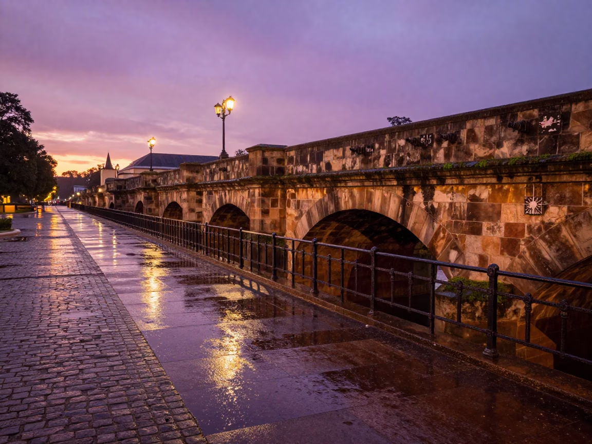 Medieval Stone Bridge Over Plaza at Sunset in across a formal civic plaza near Pretoria