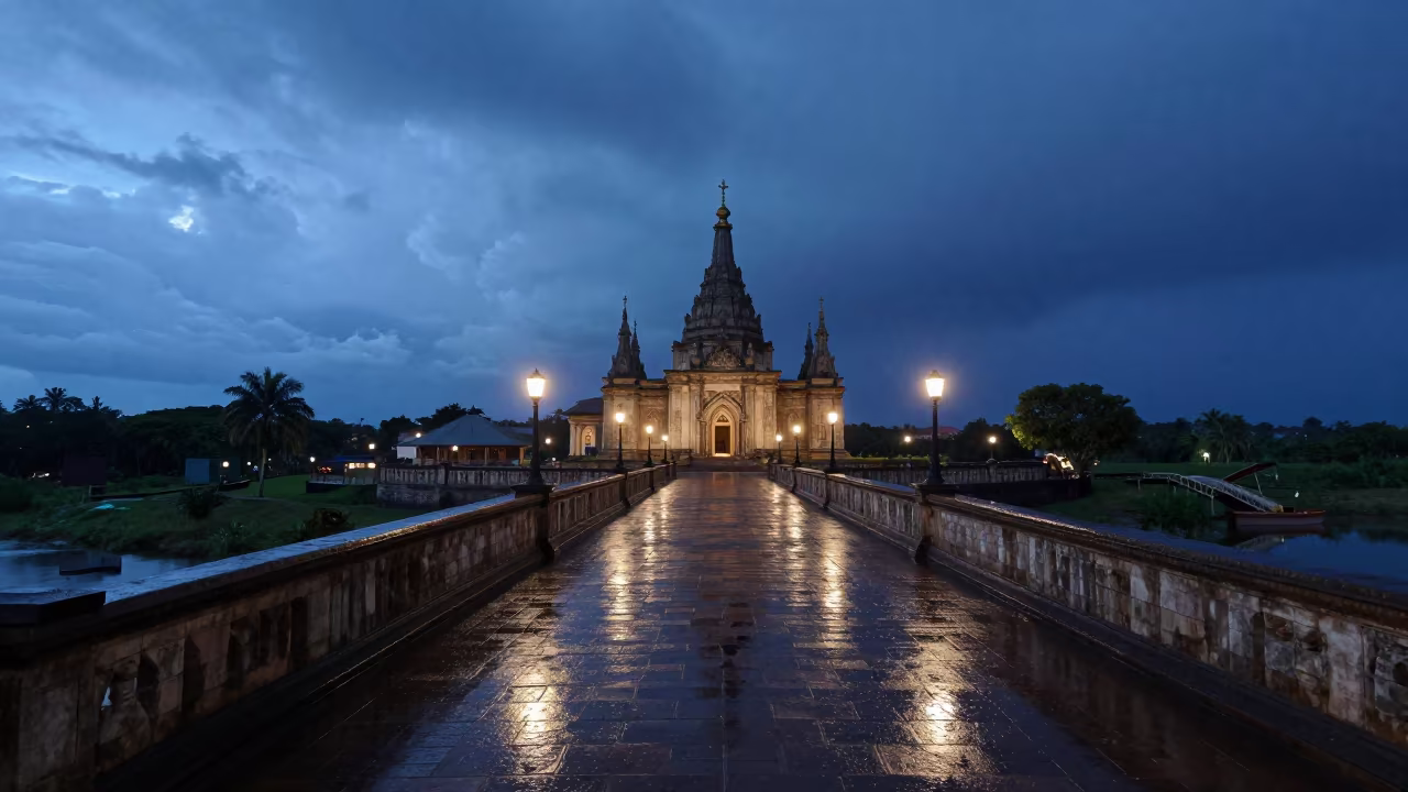 Medieval Stone Bridge Over Togo Temple in in a lantern-lined temple precinct in Togo