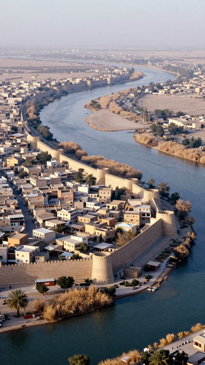 Medieval Walled City Aerial View Ashgabat in high above braided river channels near Ashgabat