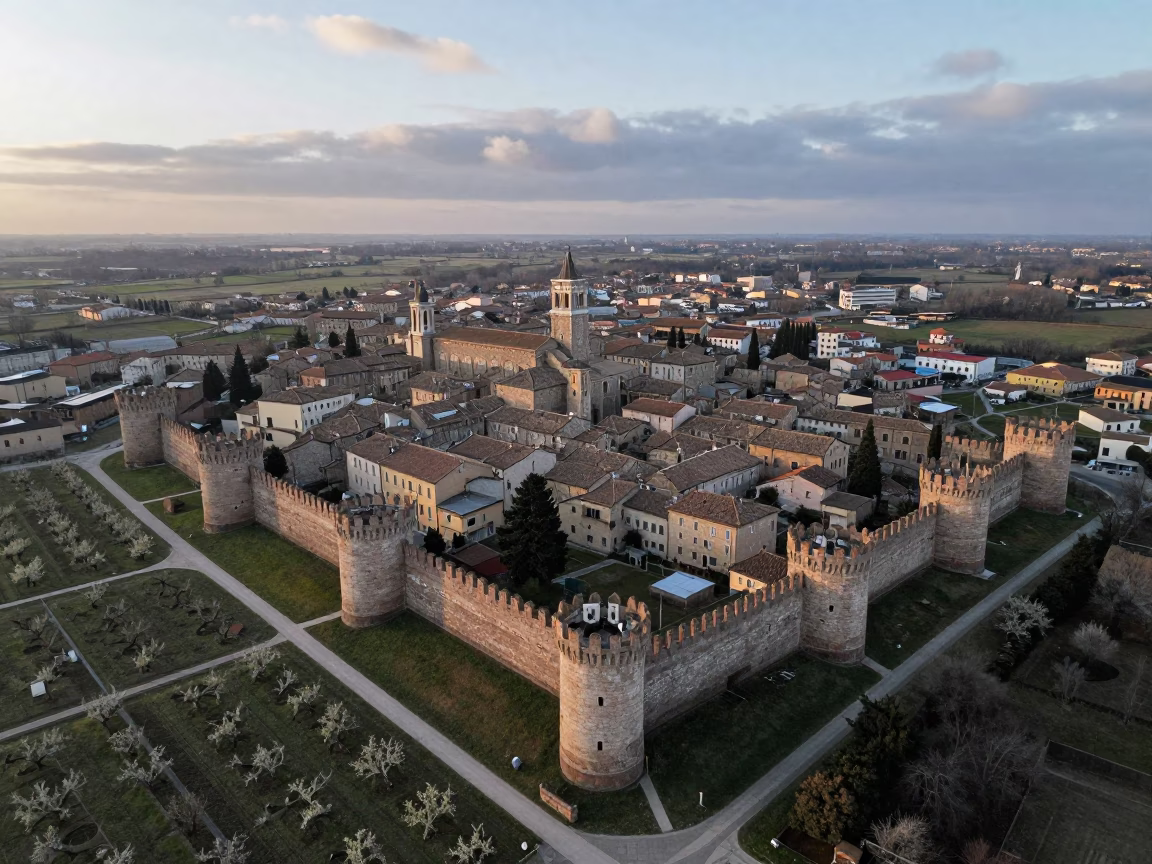 Medieval Walled City Ravenna Aerial View in far above orchard blocks and irrigation lines near Ravenna