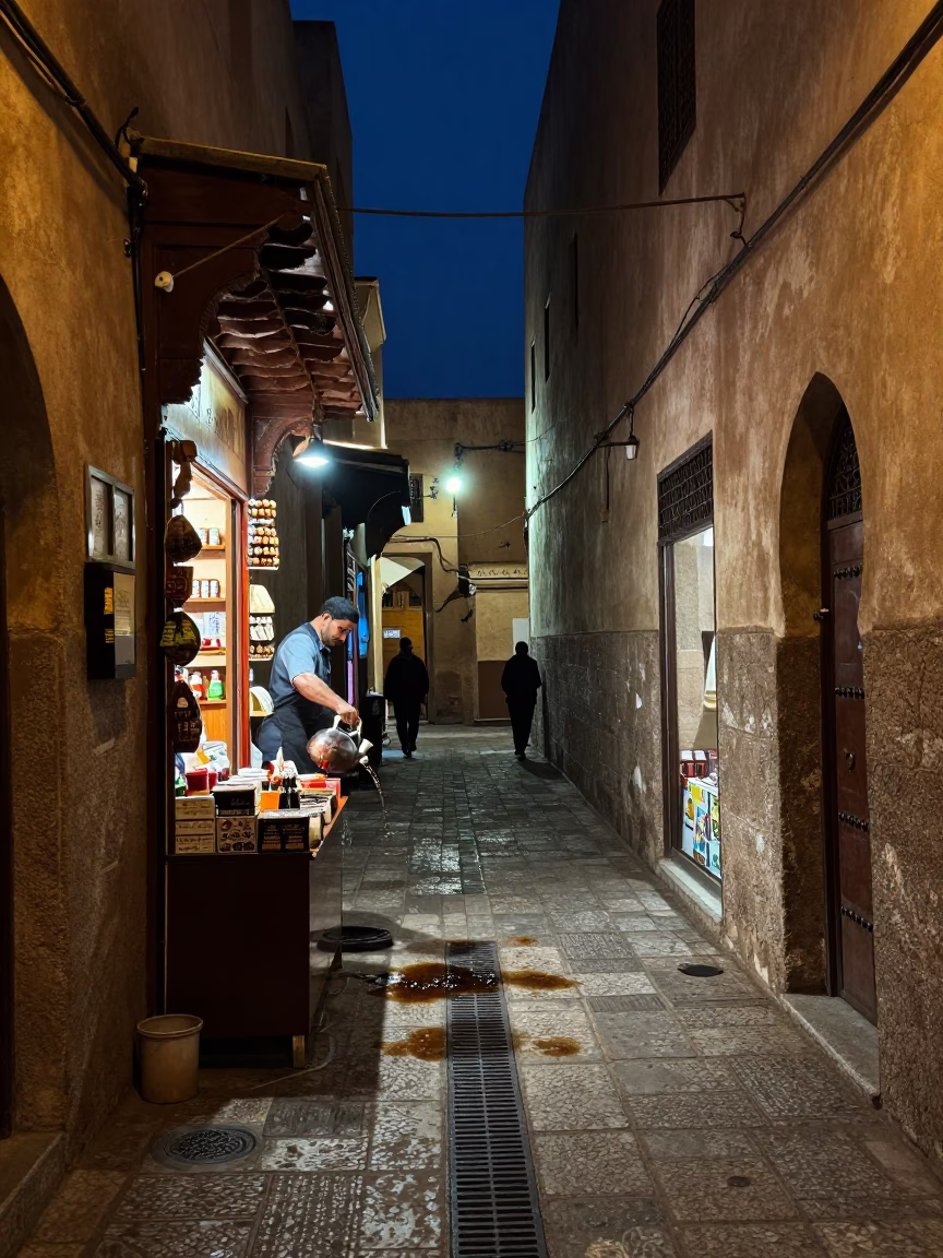 Medina Alley in Fez at Late At Night Light in in Fez, Morocco
