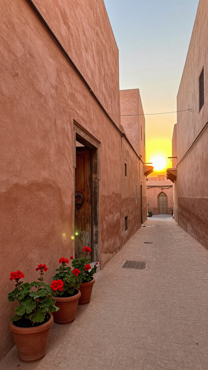 Medina Alley in Marrakech at As The Sun Drops Toward The Horizon in in Marrakech, Morocco