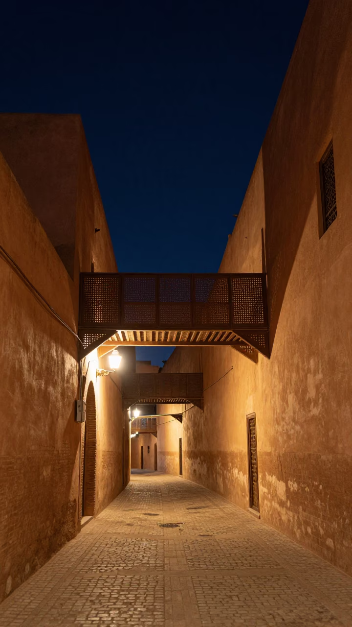 Medina Alley in Marrakech at The Deepest Night Sky Light in in Marrakech, Morocco
