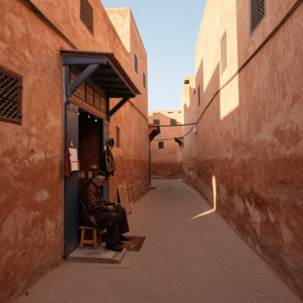 Medina Alleyway in Fez at As First Light Reaches The Scene in in Fez, Morocco