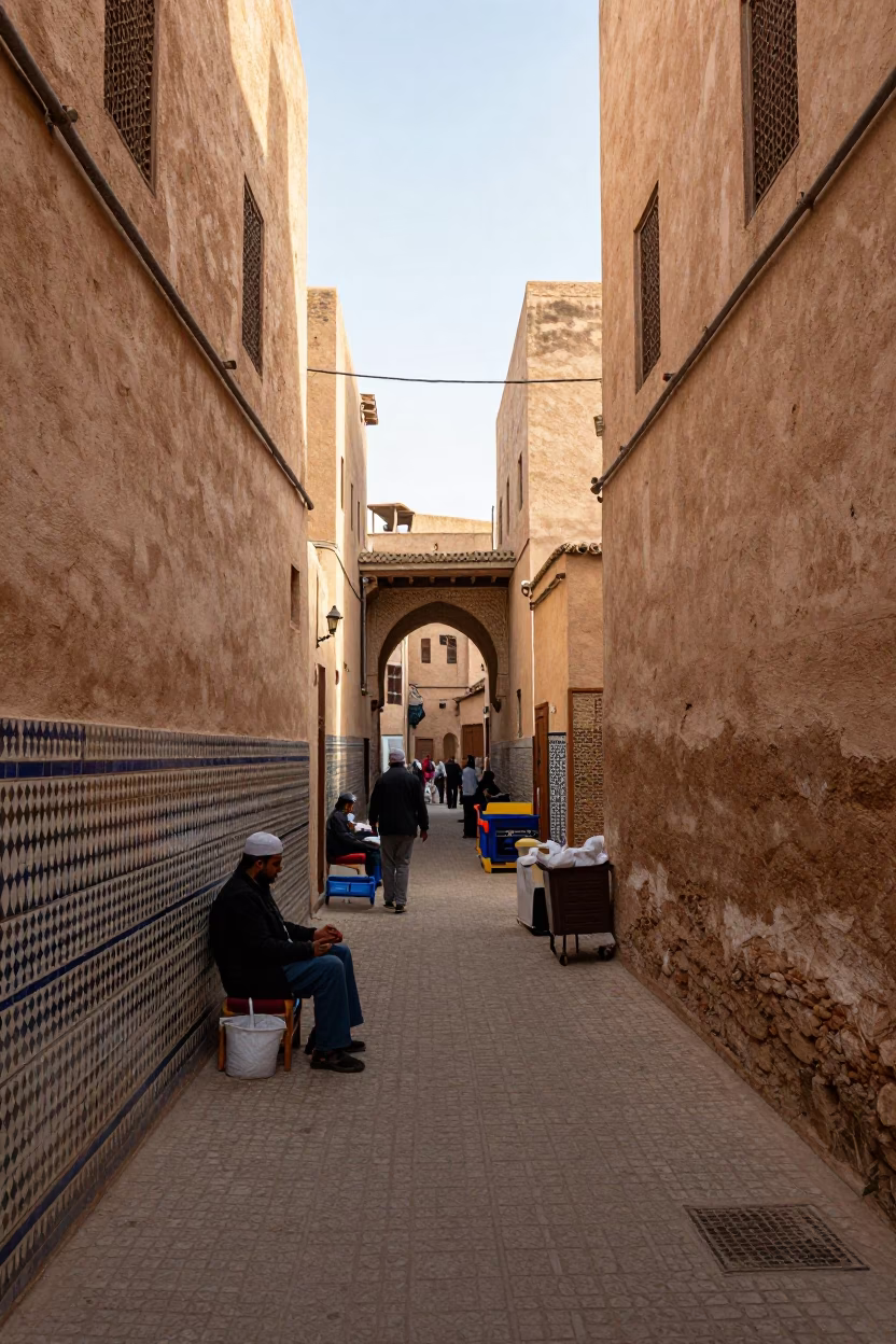 Medina Alleyway in Fez at The Late Morning Light in in Fez, Morocco