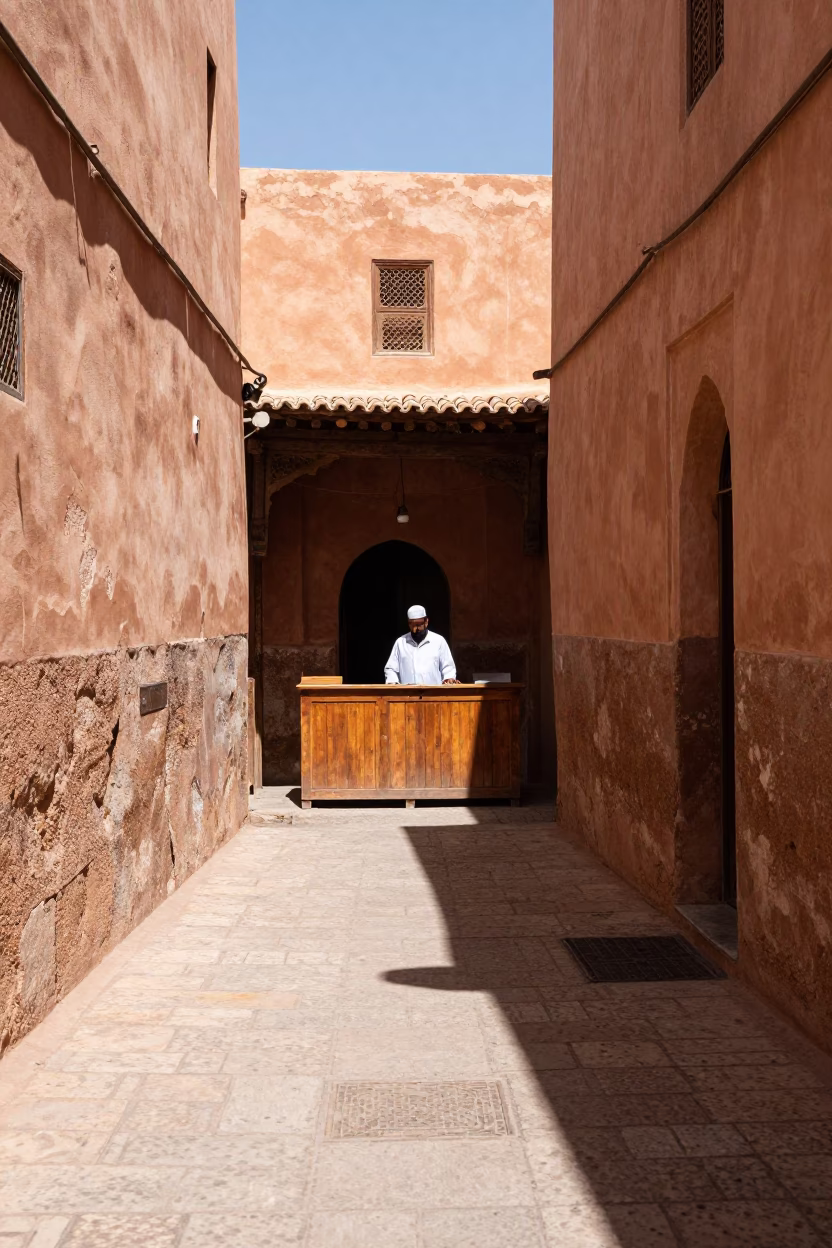 Medina Alleyway in Marrakech at The Flat Glare Of Noon Light in in Marrakech, Morocco