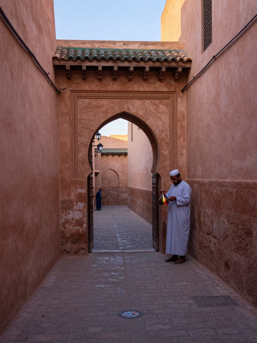Medina Alleyway just after sunrise in Fez in in Fez, Morocco