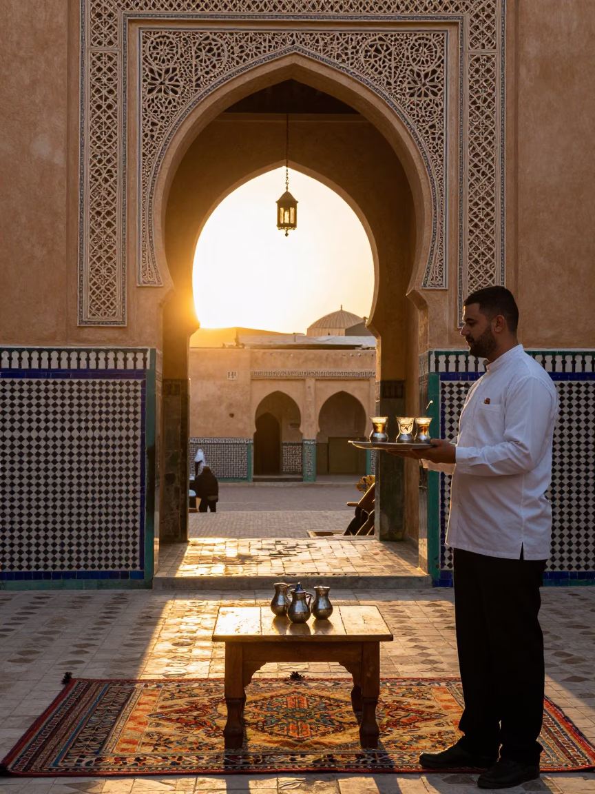 Medina Courtyard in Fez at Golden Hour in in Fez, Morocco