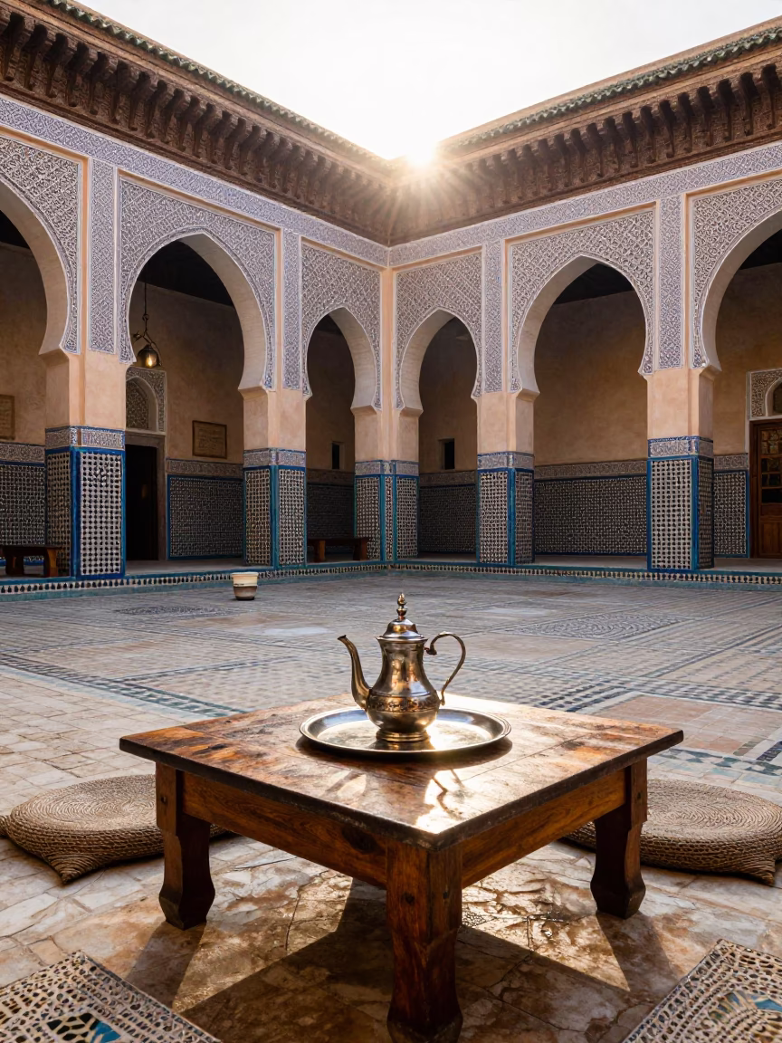 Medina Courtyard just after sunrise in Fez in in Fez, Morocco