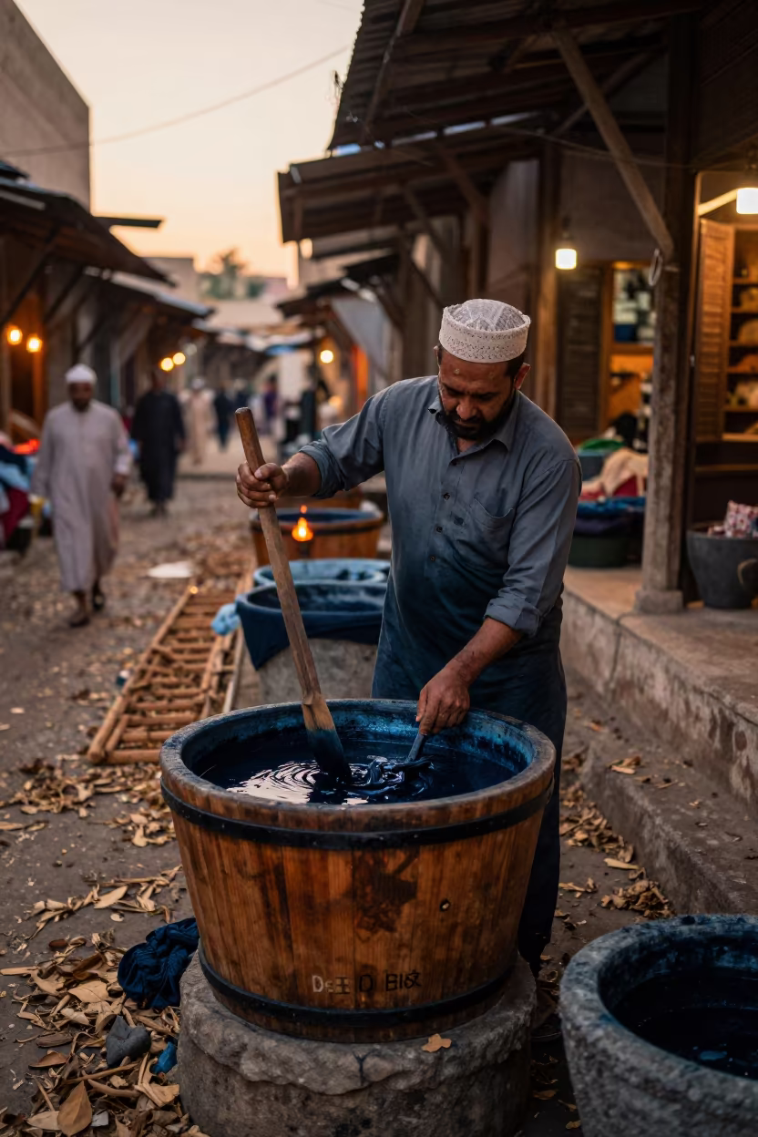 Medina Dyers Stirring Indigo Fabric at Dusk in along a market lane in Medina