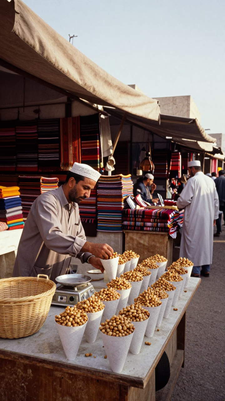 Medina Peanut Vendor at Textile Stall Afternoon Light in at a textile trader's stall in Medina