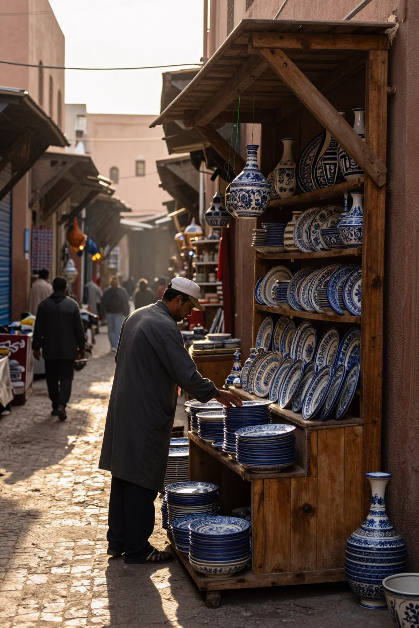 Medina Souk in Marrakech at As First Light Reaches The Scene in in Marrakech, Morocco