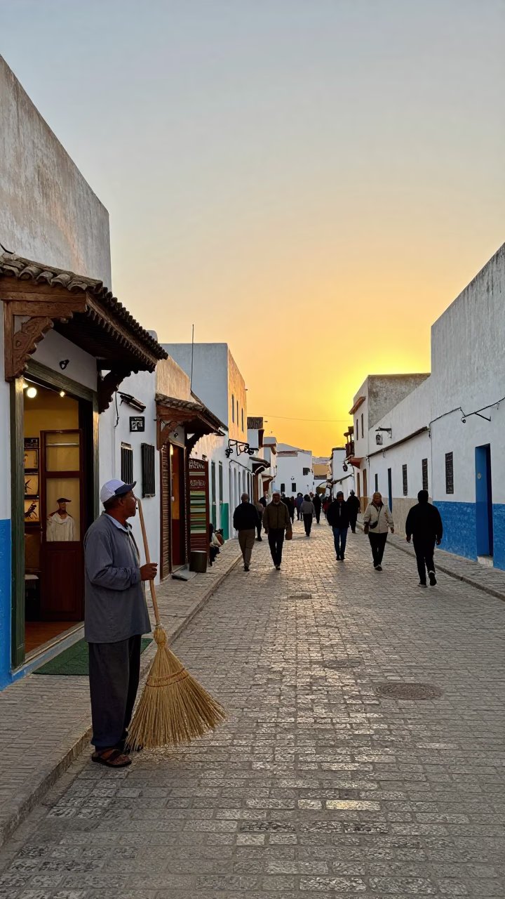 Medina Street in Essaouira at Golden Hour in in Essaouira, Morocco