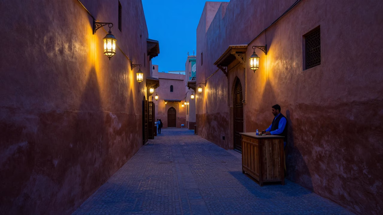 Medina Street in Marrakech at Blue Hour in in Marrakech, Morocco