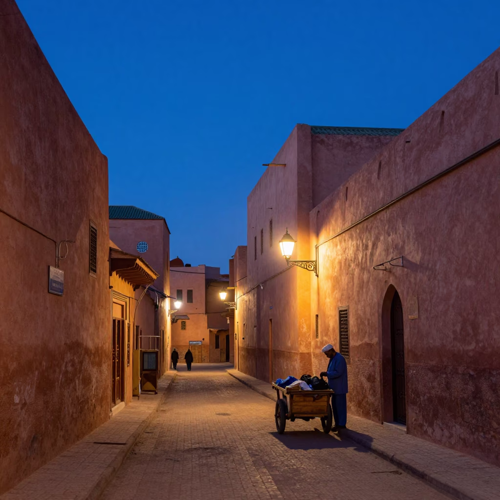 Medina Street in Marrakech at Nautical Dawn Light in in Marrakech, Morocco