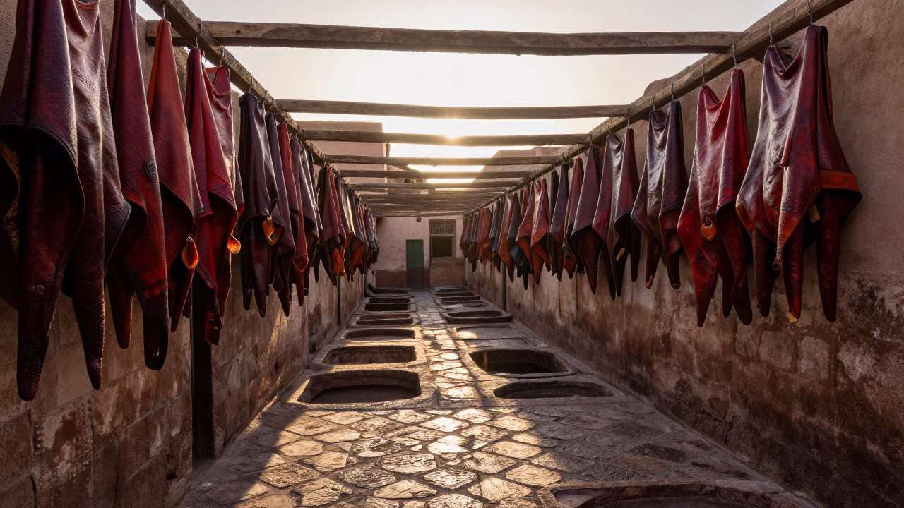 Medina Tannery just after sunrise in Fez in in Fez, Morocco