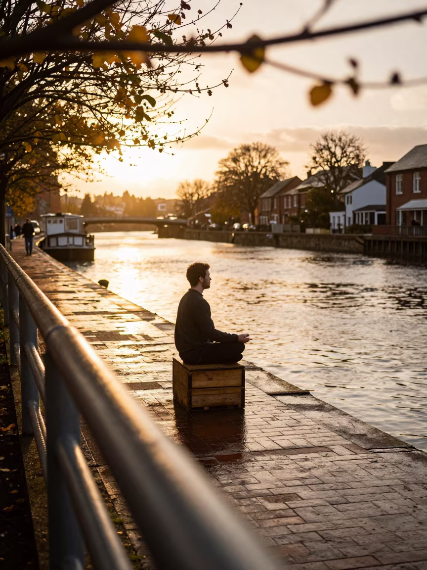 Meditating Man at Stoke-on-Trent Harbor in at a harbor edge in Stoke-on-Trent
