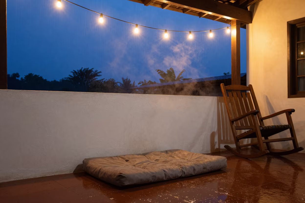 Meditation Cushion on Bailundo Porch in Indigo Twilight in on a porch with a rocking chair in Bailundo