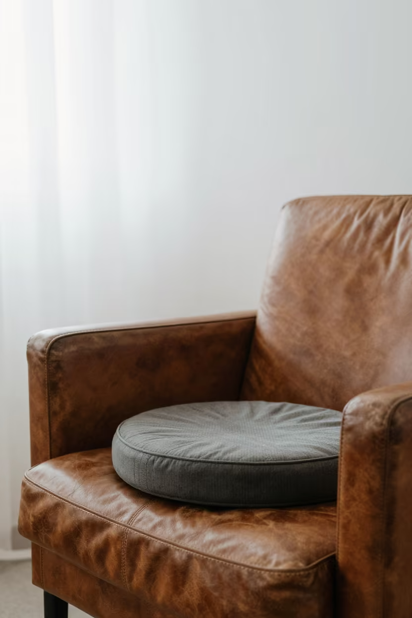 Meditation Cushion on Worn Leather Chair in on a worn leather armchair near Valledupar