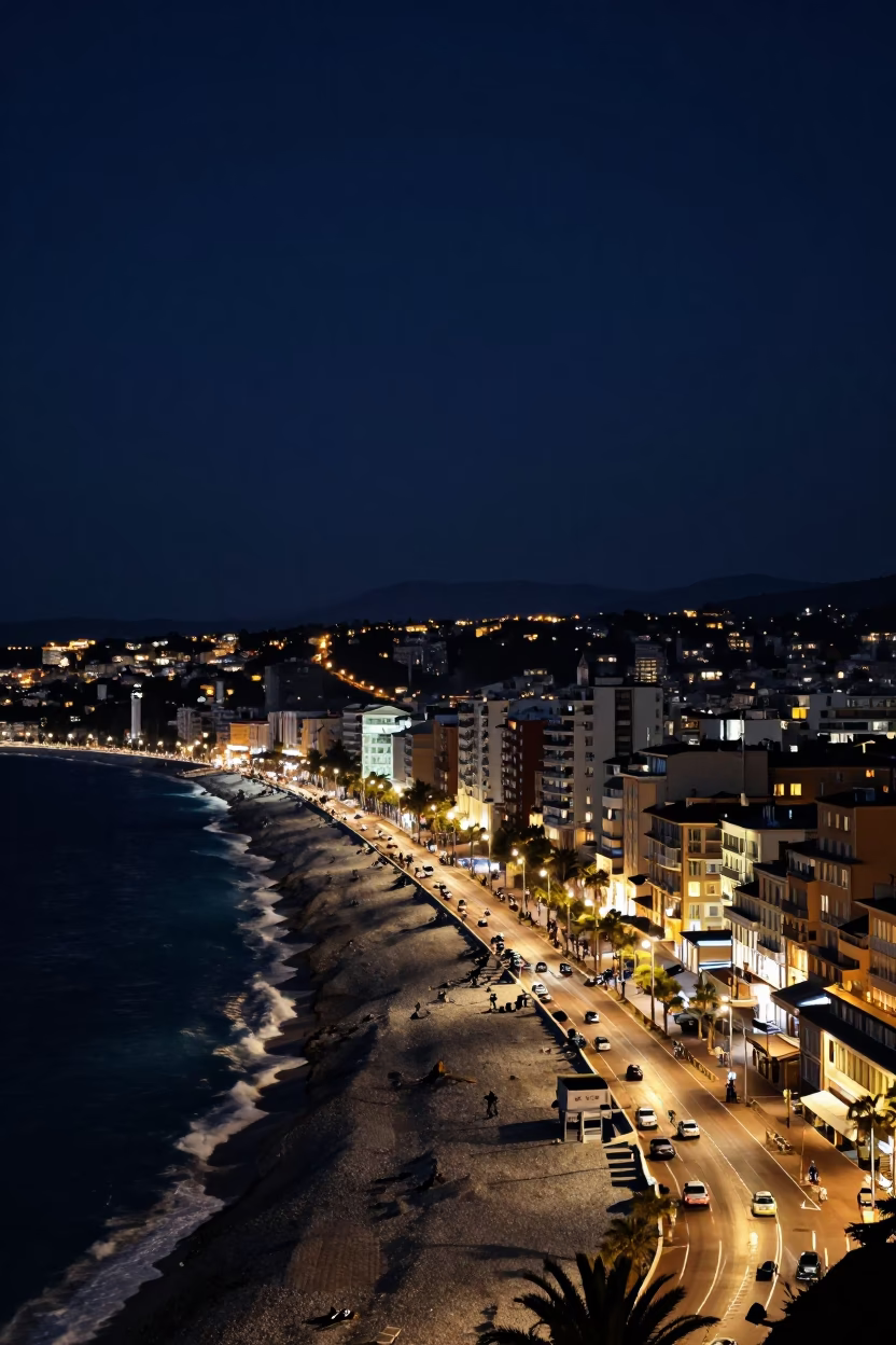 Mediterranean Coastline And Illuminated Promenade Des Anglais in Nice in in Nice, France