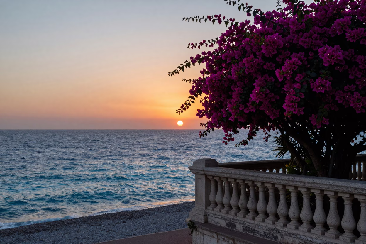Mediterranean Coastline in Nice at As The Sun Drops Toward The Horizon in in Nice, France