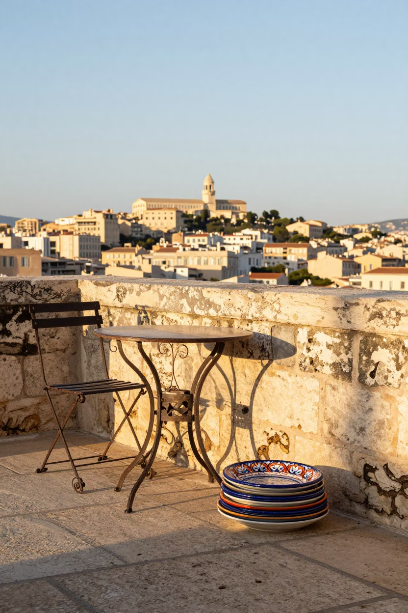 Mediterranean Terrace in Marseille at The Late Afternoon Light in in Marseille, France