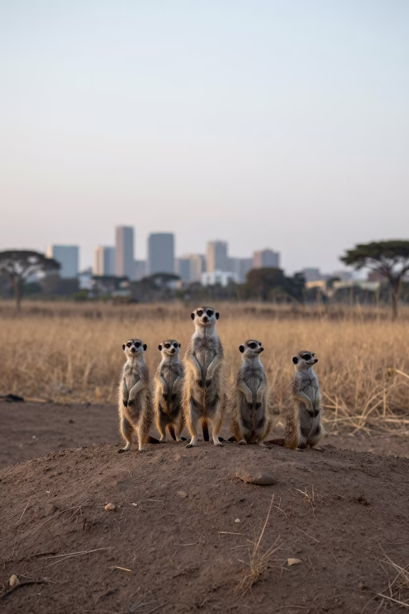Meerkat Family Sentinel on Gaborone Mound at Dawn in in Gaborone