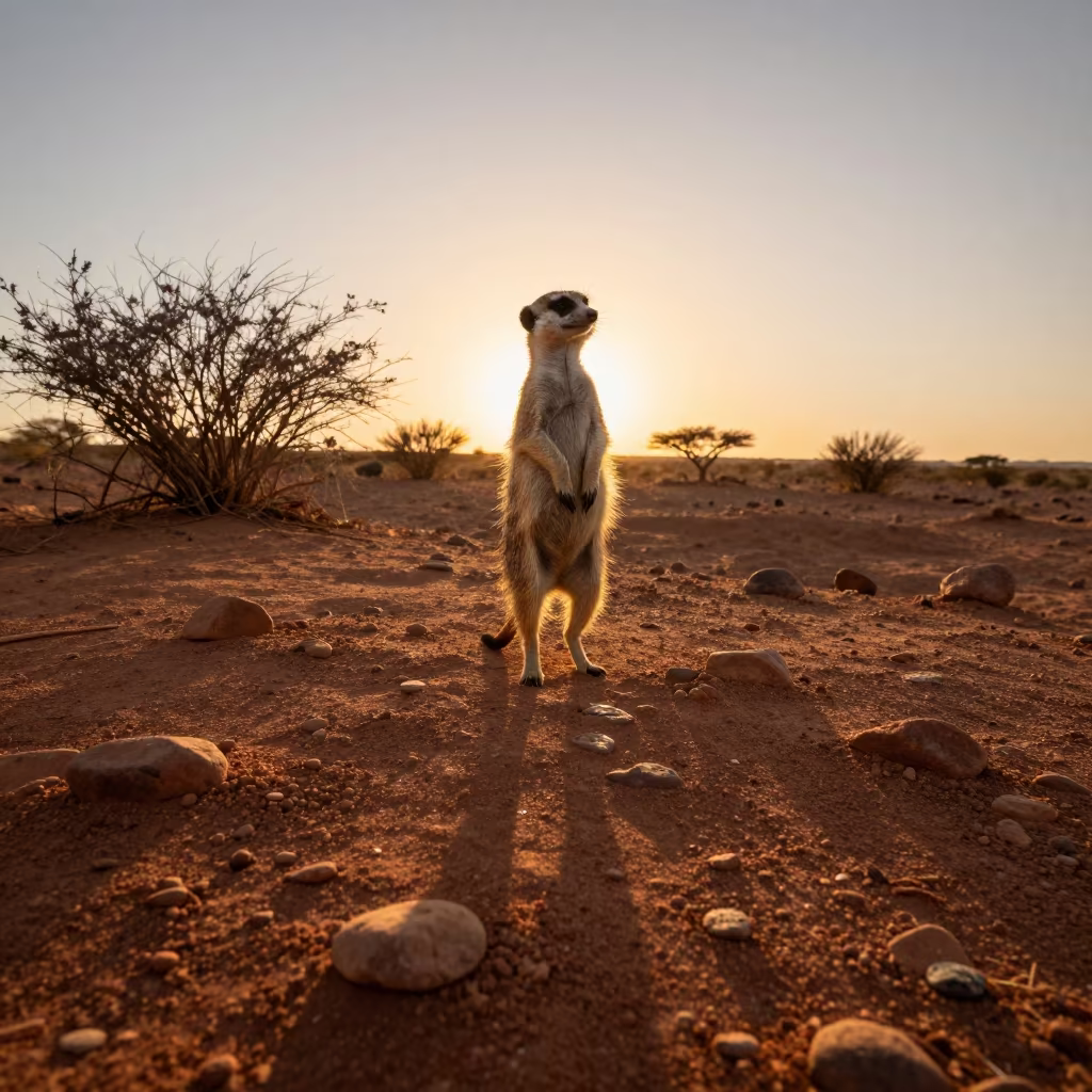 Meerkat Guard on Windhoek Ridge Sunset in on a wind-scoured ridge near Windhoek