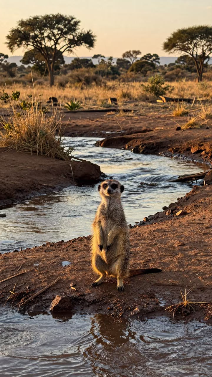 Meerkat Guarding Above Glacial Stream Near Gaborone in above a glacial stream near Gaborone