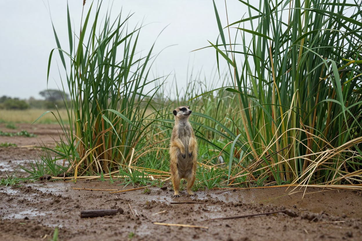 Meerkat at Reed Bed Edge Windhoek Rainy Season in at the edge of a reed bed near Windhoek