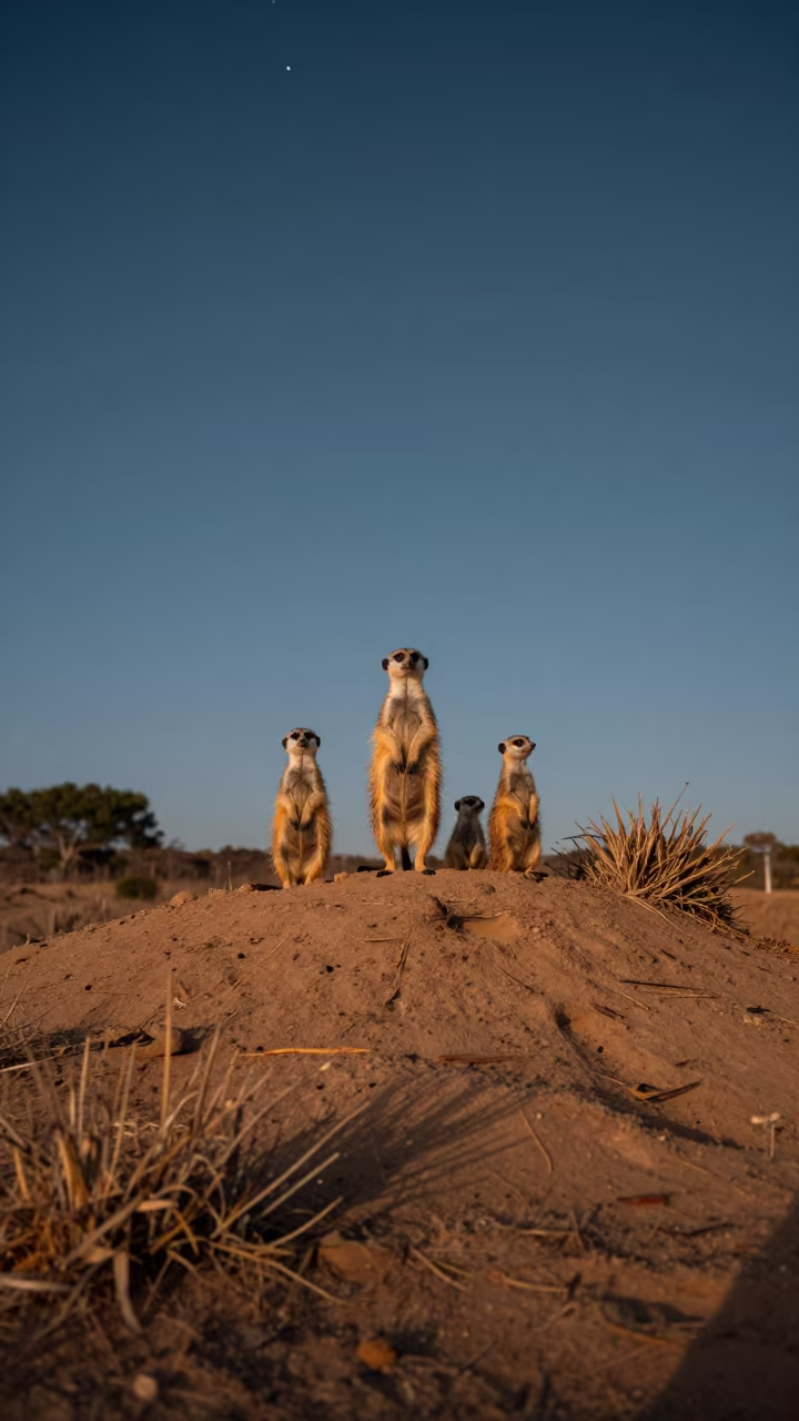 Meerkats Sentinel at Kimberley Harbor Dawn in at a harbor edge in Kimberley
