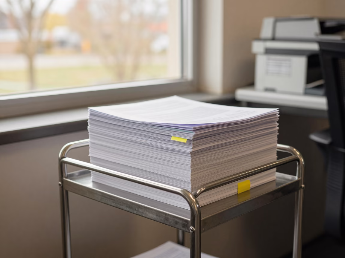 Meeting Minutes Binder Cart in Early Spring Office Light in inside an open-plan office bay near Messina
