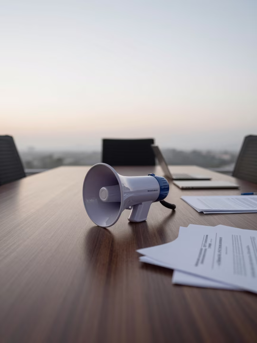 Megaphone Charger on Boardroom Table Before Meeting in at a boardroom table before a meeting near Maturín
