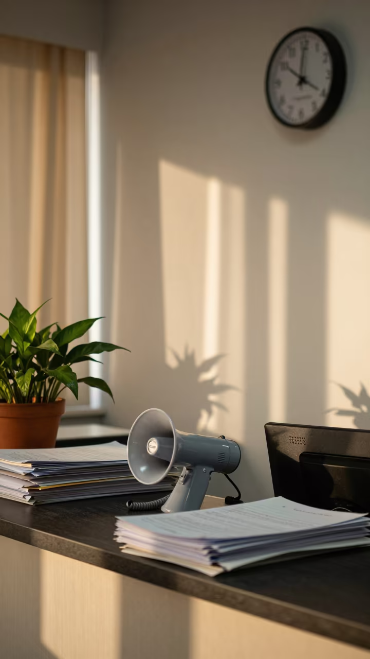 Megaphone Charger on Rio Office Desk in at an office reception desk near Centro, Rio de Janeiro