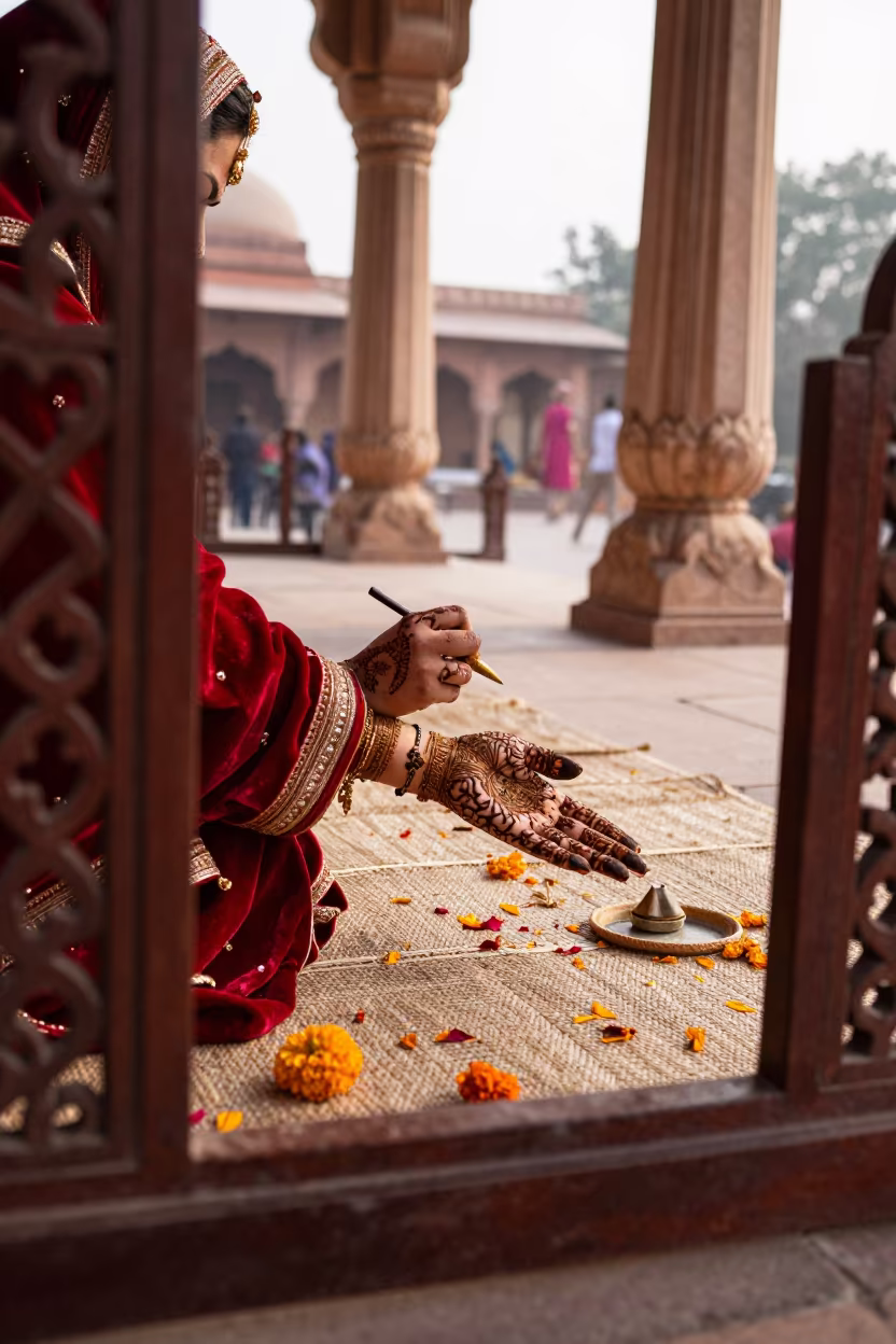 Mehndi Artist Bridal Hand Temple Delhi Winter in in a temple courtyard in Delhi