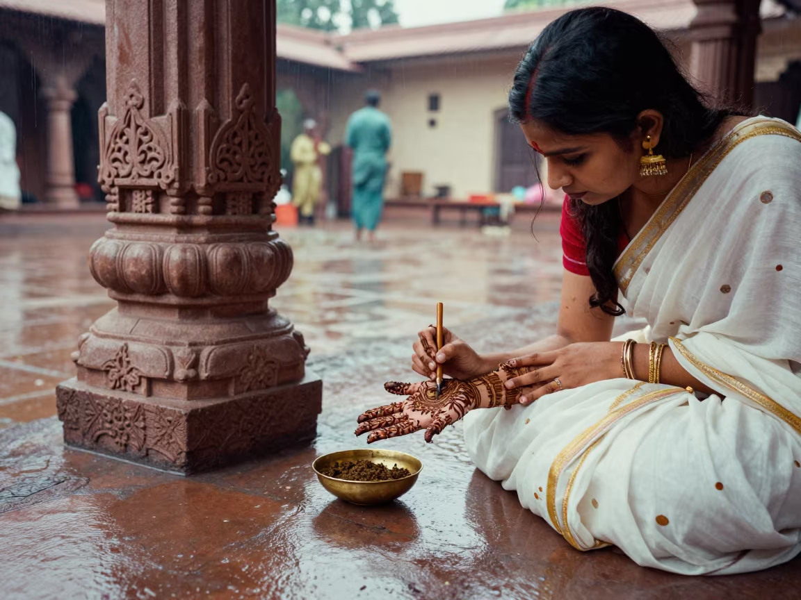 Mehndi Artist Painting Bridal Hands in Mumbai Temple in in a temple courtyard near Mumbai