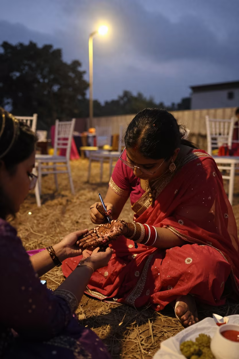 Mehndi Artist Painting Bridal Hands in Predawn Hall in in a ceremonial hall near Mumbai