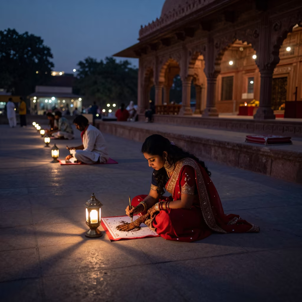 Mehndi Artist Painting Bridal Hands in Delhi Shrine in in a shrine lined with lanterns near Hauz Khas, Delhi